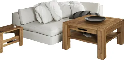 Produktbild von Couchtisch Lubic aus Wildeiche massiv 90x90x53 cm mit 1 Schublade und Holzbeinen