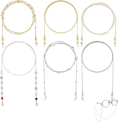 Produktbild von 7 Stück Brillenkette Damen, Brillenkette Maskenkette Maskenband Brillenband Kette für Sonnenbrille, Elegante Brillen Halter Perlen Mundschutzkette Brillenkette Gold/Silber/Schwarz