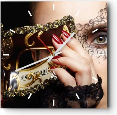 Produktbild von Wanduhr - Quadrat - Glasuhr - Frau Mode Venedig Maske - 30x30cm - Schleichendes Uhrwerk - Lautlos - zum Aufhängen bereit - Dekoration Modern - Wanddekoration aus Glas - C3AC30x30-2680