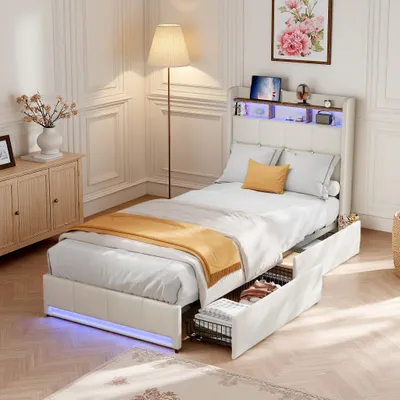 Produktbild von UnboxG Polsterbett 90×200 cm Beige, Einzelbett mit 2 Schubladen, LED-Kopfteil & USB/Type-C, Stauraumbet