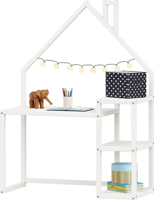 Produktbild von Kinderschreibtisch NIVIA Hausform weiß mit Regal Stauraum gefertigt aus Kiefer Massiv. Stabil langlebig perfekt für Kinderzimmer. Montessori-Möbel ideal für Hausaufgaben oder Bastelarbeiten.