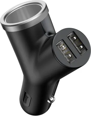 Produktbild von Baseus Autoladegerät mit 2x USB und Zigarettenanzünder-Splitter, Y-Form, Schwarz, 9.2 x 5.6 x 2.5 cm, ABS, PC, Aluminium-Legierung, 3.4A, Universal, QC 3.0/2.0, Huawei SCP, Samsung AFC, MTK PE+