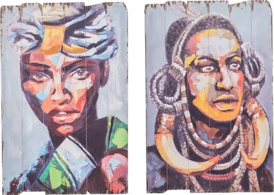 Produktbild von 2x Bild Wandtafel Holzbild Wandbild Massai Person Afrika Holz Antik-Stil 90cm