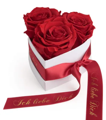 Herz-Rosenbox mit 3 konservierten roten Rosen, 10x12 cm