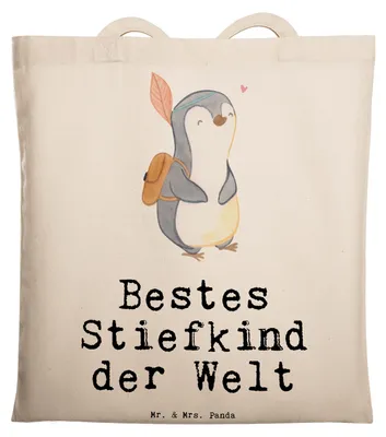 Produktbild von Mr. & Mrs. Panda Tote Bag Pinguin Bestes Stiefkind der Welt - Transparent - Geschenk, Kinder, Laptoptasche, Sohn, canvas tasche, Taufe, Geburtstag, totebag, Tragetasche