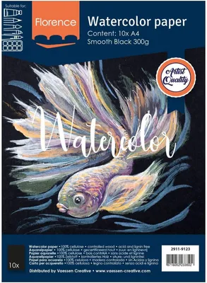 Produktbild von Aquarellpapier, glatt, schwarz, 300 g, A4, 10 Blatt