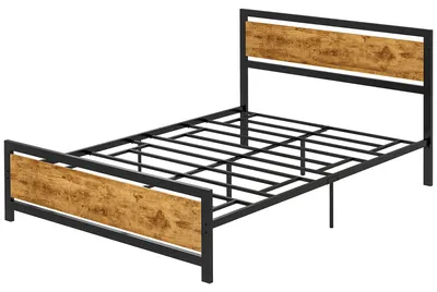 Produktbild von Queensize-Bettgestell aus Holz und Stahl mit Lattenrost im Industriestil, 140 x 200 cm