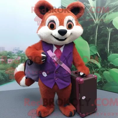 Produktbild von Maskottchenfigur REDBROKOLY eines lila roten Pandas mit Kleid und Aktentasche