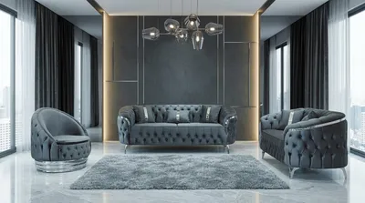 Productafbeelding van Chesterfield, grijze gestoffeerde zitmeubels, design zitgroep, stoffen banken, AI-gegenereerde afbeelding
