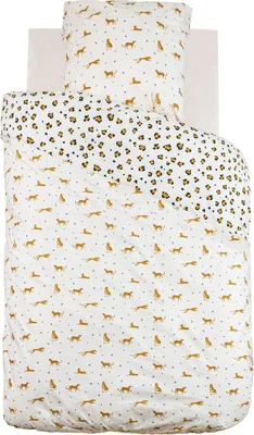 A flat lay of a duvet cover and pillowcase set with a leopard print and animal pattern.