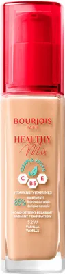 A close-up studio shot of a bottle of Bourjois Healthy Mix foundation.