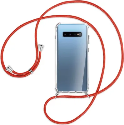 Produktbild von Handykette Backcover-Schutzhülle mit Band (Metall silberfarben) für Samsung Galaxy S10+ / S10 Plus - rot