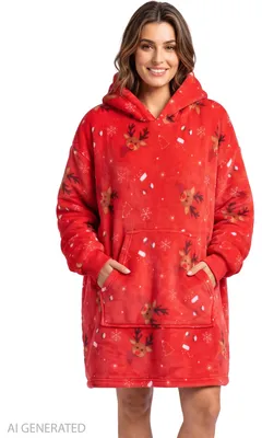 Produktbild von X-MAS Oversize Cozy Hoodie für Damen - Rentier Übergroße Frauen Kuschelpullover Flauschiger Deckenpullover Rot XL/XXL
