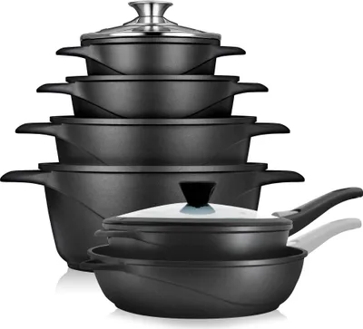 Produktbild von Briebe MGK1219 Kochtopf Set Induktions 12-Teilig Aluminiumguss 4 Kochtöpfen 2 Bratpfanne Schwarz