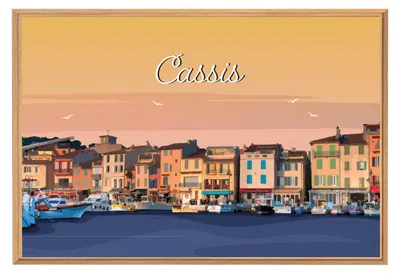 Image de Tableau mural encadré illustration port de Cassis 65x97 cm, Tableau mural moderne pour décoration intérieure