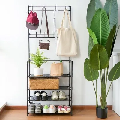 Immagine prodotto di Ibenzoa®: Appendiabiti salvaspazio con ripiano integrato per scarpe (fino a 8 paia), regolabile, con spazio contenitivo, robusta – ideale per ingresso e corridoio