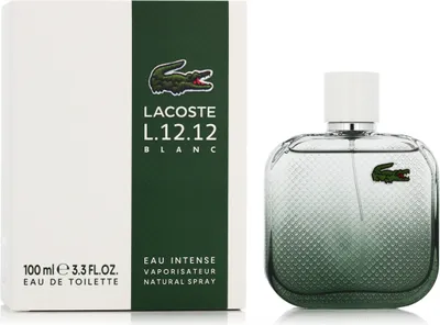 A product shot of Lacoste L.12.12 Blanc Eau Intense EDT 100 ml M, featuring both the product packaging and the bottle.