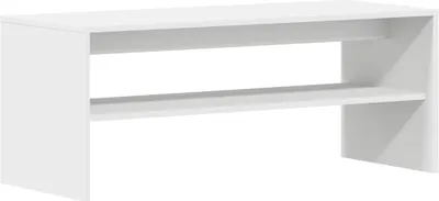 A white TV stand with two shelves against a white background.