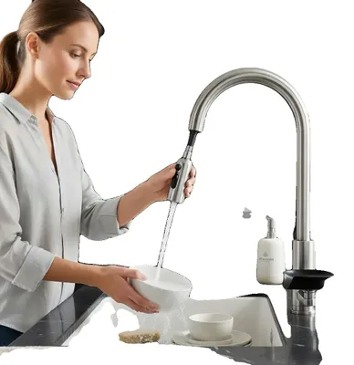 Immagine prodotto di Rubinetto da cucina, bocca flessibile, doccetta estraibile, cromato, G3/8