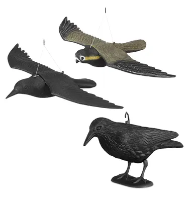 Produktbild von 3er Set Taubenschreck, Vogelschreck Krähe u Falke, Dekofigur als Vogelscheuche, Taubenabwehr, lebensgroße Vogelattrappen