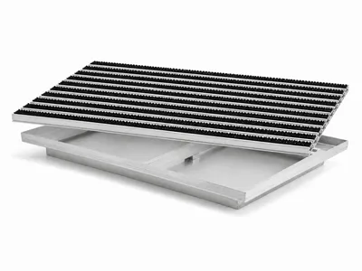 Produktbild von POLENTEX Aluminium-Fußmatte mit Ablaufwanne – 100x60 cm, 22 mm Profilhöhe & 80 mm Gesamteinbautiefe, Korrosionsbeständiger mit Schwarzen Bürsteneinsätzen