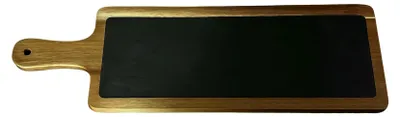 Produktbild von Servierbrett mit Griff 45x15 cm – Akazienholz mit Schiefereinsatz – Rechteckiges Käsebrett, Antipasti-Platte, Frühstücksbrett, Tapas-Brett, rustikal und elegant