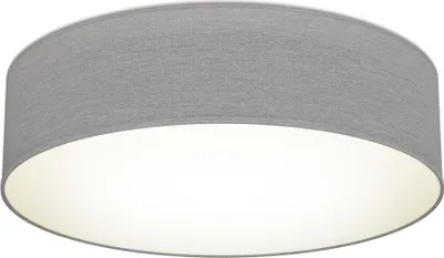 A ceiling light with a gray fabric shade and a white diffuser.