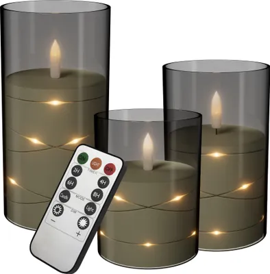 Obrázok produktu pre XINZI LED sviečky sada 3 ks 7,5x10/12,5/15cm - blikajúci plameň + svetelný drôt, diaľkové ovládanie a časovač s 11 tlačidlami, 6 batérií AA v balení, matná sivá