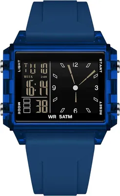 Produktbild von Rechteckige Sportuhr Digital Analog 5ATM wasserdicht Silikonarmband Dualzeit LED Stoppuhr Countdown Alarm Uhr Herren Damen Jugendliche