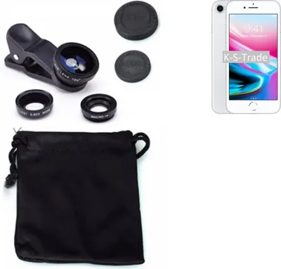 A product shot of a smartphone lens kit next to a smartphone.