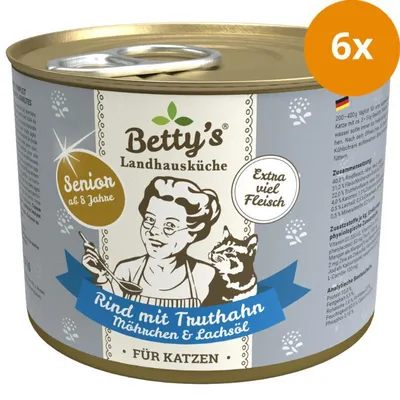 Produktbild von Bettys Landhausküche Katze Dose Senior Rind mit Truthahn, Möhrchen & Lachsöl 200 g