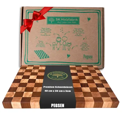 Produktbild von Premium Schneidebrett Schachbrett aus Akazien und Naturholz - 40 x 30 x 3 cm Hochwertiges Küchenbrett aus Holz - Holzschneidebrett groß mit Standfüßen