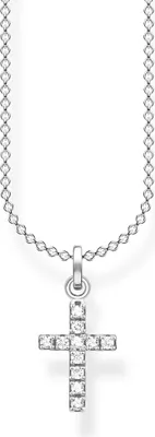 A close-up studio shot of a silver cross pendant necklace with clear stones, displayed on a white background.