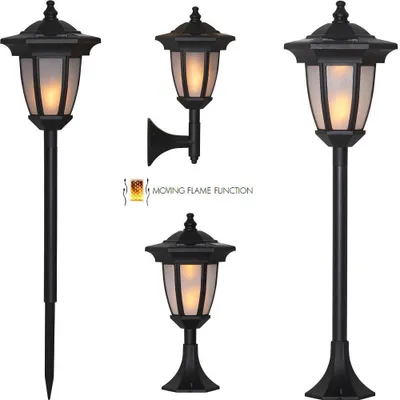 A collection of black outdoor lamps with a flame effect.