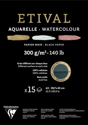 Produktbild von Clairefontaine 5x schwarzes Aquarellpapier, Block 15 Blatt A3, 975319C