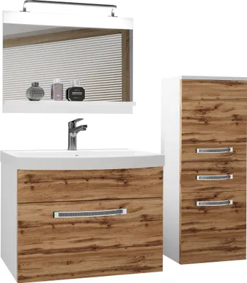 Produktbild von BELINI Badmöbel Vollausstattung Set Waschbeckenschrank, kleiner Schrank, Waschbecken, Spiegel, Lampe (Wotan Eiche, Matt)