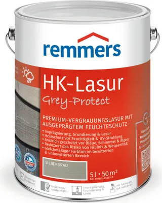 Obrázok produktu pre Remmers HK-Lasur 3v1 Grey-Protect strieborno-sivá, 5 litrov, lazúra na drevo v exteriéri, 3 prípravky na ochranu dreva v jednom, ochrana proti vlhkosti a UV žiareniu