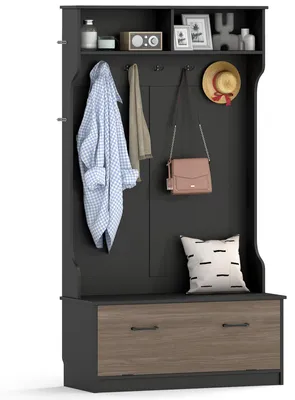 Produktbild von COSTWAY Garderobenständer, Kleiderständer mit Ablage, Schuhregal, 2 Fächern & 5 Haken, Garderobenschrank für Flur, Wohnzimmer, 100x40x180 cm, Schwarz