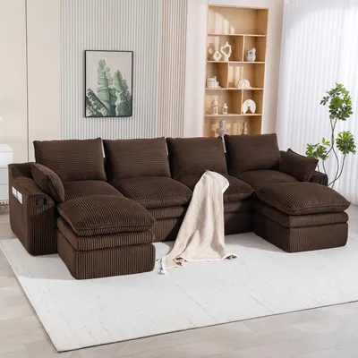 Produktbild von MODFU 4-Sitzer Sofa,Modulares Sofa mit 2 Hockern,Big Sofa mit Kissen & 2 Seitentaschen,Cord,Braun
