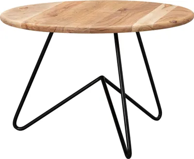 Couchtisch Akazie Massivholz Metall Rund in Gesamtansicht mit rundem Holztablett und schwarzem Metallgestell.