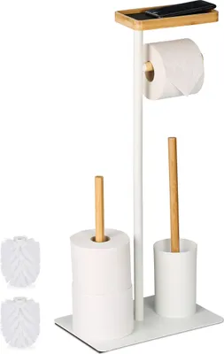 Image de Ensemble de salle de bains Relaxdays, bambou, fer, porte-papier hygiénique sur pied, brosse de toilettes avec support, blanc/naturel