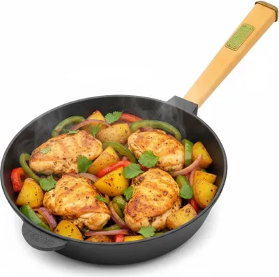 Produktbild von Ø28cm Gusseisenpfanne 70 mm hoch mit Holzgriff Gußeisenpfanne Bratpfanne aus Gusseisen