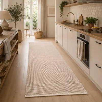 Produktbild von Baumwolle Natur Kelim Teppich Läufer Sandy Beige Modern, Größe:70x140 cm, KI-generiertes Bild