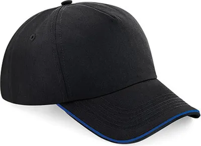 Produktbild von Beechfield B25c | Authentic 5 Panel Cap - Piped Peak, 100 % Baumwoll-Twill - Farbe: Black/Bright Royal - Größe: One Size