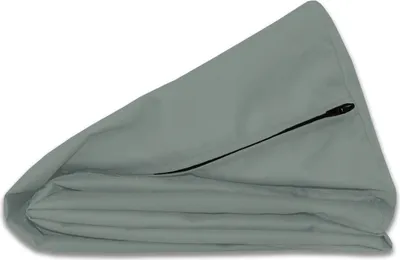 A folded gray cushion cover with a zipper is shown against a white background.
