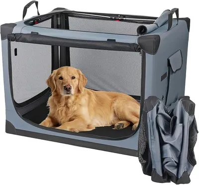 Produktbild von Hundebox faltbar 85x64x60 cm, Transportbox für große Hunde, Hundetransportbox Auto mit 4 Türen aus Netzstoff, Transporttasche Haustiertransportbox für Zuhause & Reise
