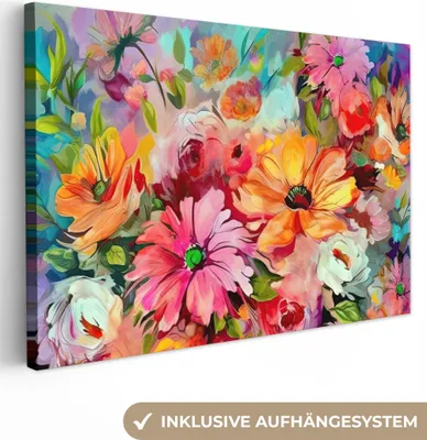 Produktbild von MuchoWow® - Leinwandbilder - Blumen - Farbenfroh - Kunst - Ölgemälde, Wandbild, Wanddeko Bilder Wohnzimmer, 120x80cm