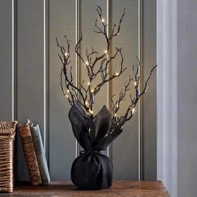 LED-Zweigbaum 50 cm, schwarz, warmweiß, Timer, für Halloween