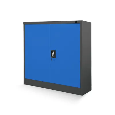 A blue metal cabinet with a gray frame is shown against a white background.