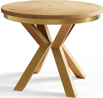 Immagine prodotto di Tavolo rotondo per sala da pranzo LOFT, diametro tavolo allungabile: 100 cm/180 cm, colore tavolo da soggiorno: marrone chiaro, con gambe in metallo color oro